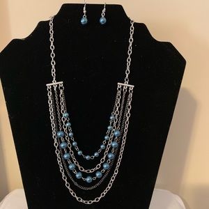 Pearly Blue Necklace With Earrings Set